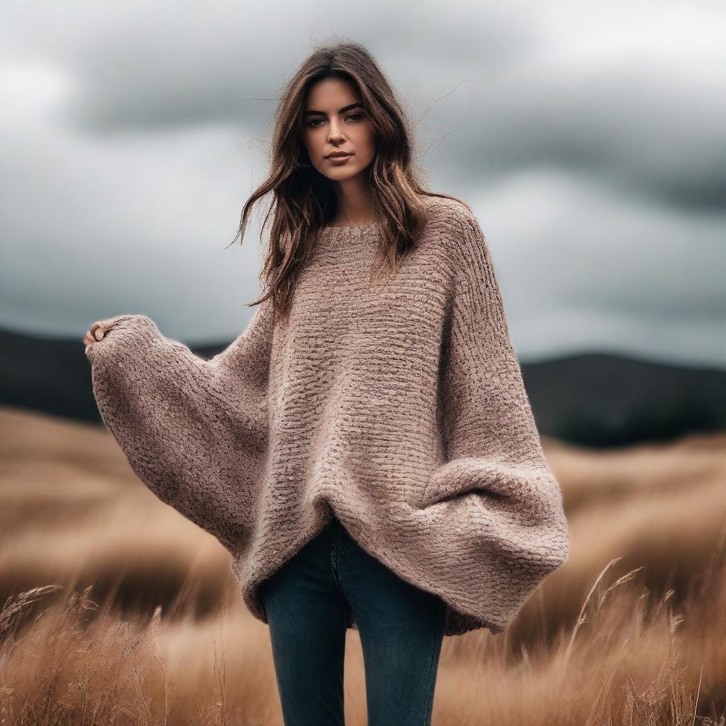 A woman wearing an oversized sweater with impossibly long flowing sleeves that drag on the ground