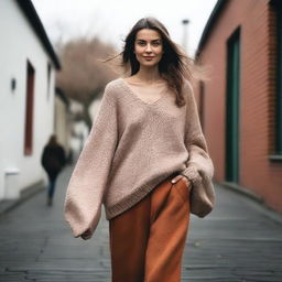 A woman wearing an oversized sweater with impossibly long flowing sleeves that drag on the ground