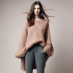 A woman wearing an oversized sweater with impossibly long flowing sleeves that drag on the ground