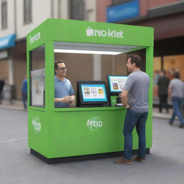 A 3D cartoon-style image with two hop kiosks each staffed by two men, and every kiosk has a box.