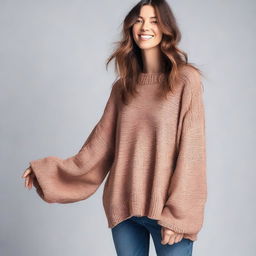 A woman wearing an oversized sweater with impossibly long flowing sleeves that fall way past her hands