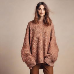 A woman wearing an oversized sweater with impossibly long flowing sleeves that fall way past her hands