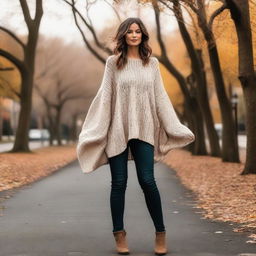 A woman wearing an oversized sweater with impossibly long flowing sleeves that fall way past her hands