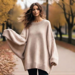 A woman wearing an oversized sweater with impossibly long flowing sleeves that fall way past her hands