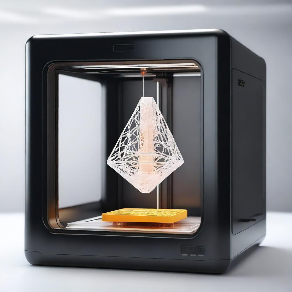 A high-resolution 3D rendering of a modern 3D printer in action, printing a complex geometric object