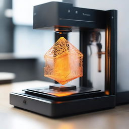 A high-resolution 3D rendering of a modern 3D printer in action, printing a complex geometric object