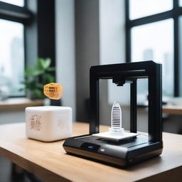 A high-tech setup featuring a 3D printer and a 3D scanner in a modern workspace