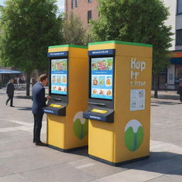 A 3D cartoon-style image with two hop kiosks each staffed by two men, and every kiosk has a box.