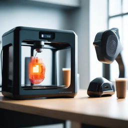 A high-tech setup featuring a 3D printer and a 3D scanner in a modern workspace