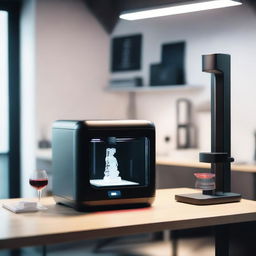 A high-tech setup featuring a 3D printer and a 3D scanner in a modern workspace