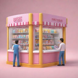 In 3D cartoon-style, depict two candy store kiosks manned by two men each with a box at every kiosk.