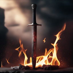 A flaming sword in the middle of the image with steaming blood rolling down its blade