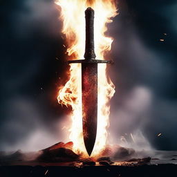 A flaming sword in the middle of the image with steaming blood rolling down its blade