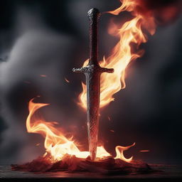 A flaming sword in the middle of the image with steaming blood rolling down its blade