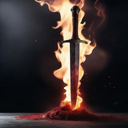 A flaming sword in the middle of the image with steaming blood rolling down its blade