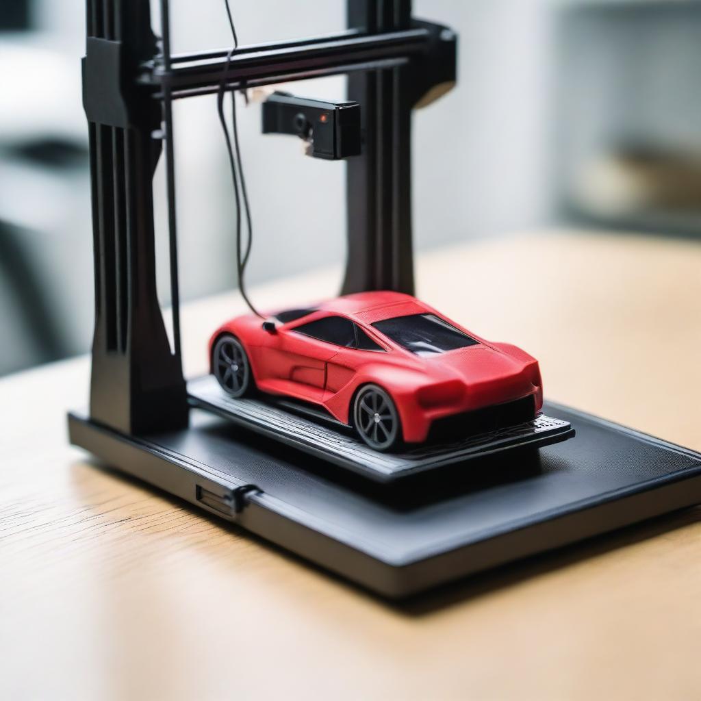 A detailed 3D printer in action, printing a miniature car figure