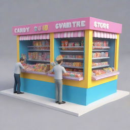 In 3D cartoon-style, depict two candy store kiosks manned by two men each with a box at every kiosk.