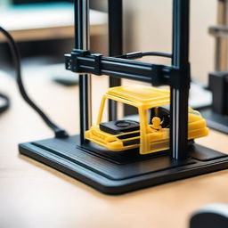 A detailed 3D printer in action, printing a miniature car figure