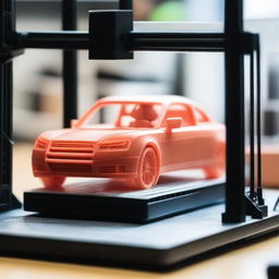 A detailed 3D printer in action, printing a miniature car figure