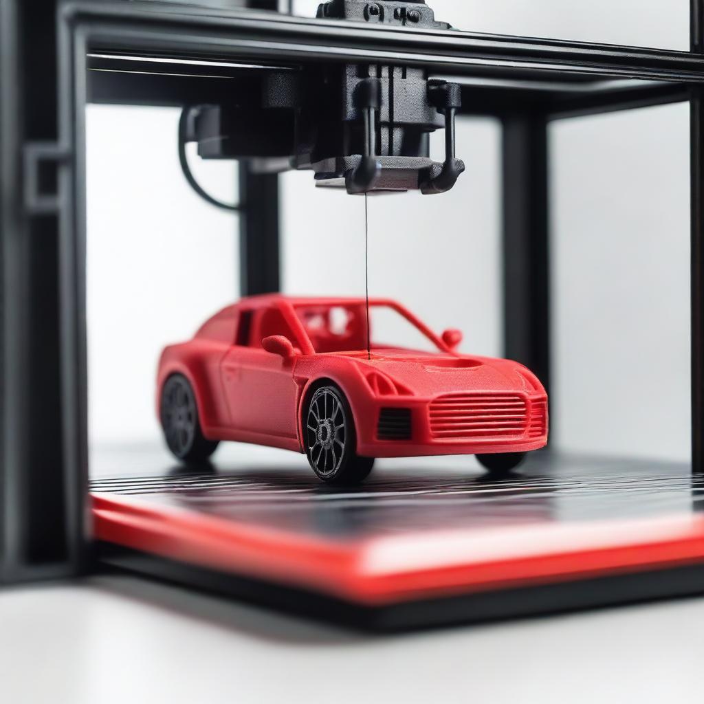 A detailed 3D printer in action, printing a miniature car figure