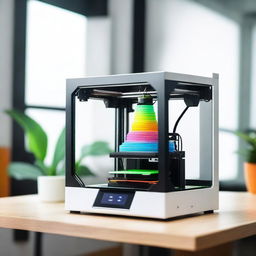 A high-quality 3D printer in a modern workspace, showcasing its sleek design and advanced technology