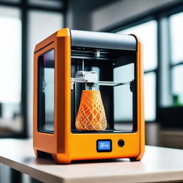 A high-quality 3D printer in a modern workspace, showcasing its sleek design and advanced technology