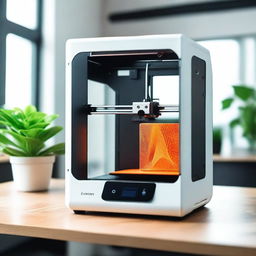 A high-quality 3D printer in a modern workspace, showcasing its sleek design and advanced technology