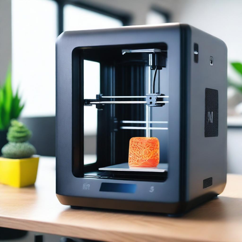 A high-quality 3D printer in a modern workspace, showcasing its sleek design and advanced technology