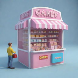 In 3D cartoon-style, depict two candy store kiosks manned by two men each with a box at every kiosk.