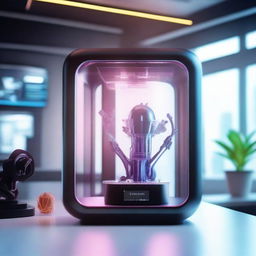 A futuristic scene featuring a sleek, advanced 3D printer