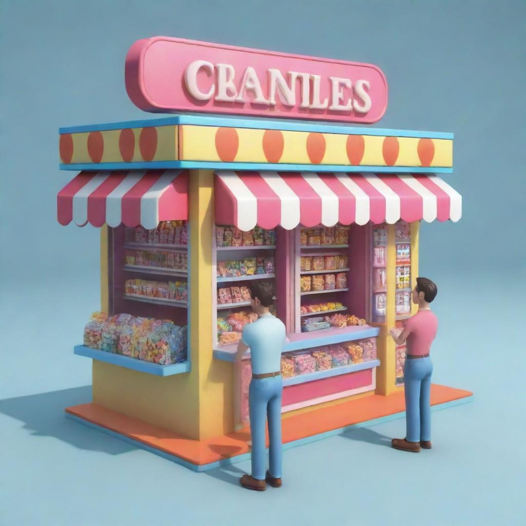 In 3D cartoon-style, depict two candy store kiosks manned by two men each with a box at every kiosk.