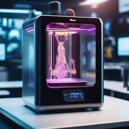 A futuristic scene featuring a sleek, advanced 3D printer