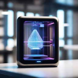 A futuristic scene featuring a sleek, advanced 3D printer