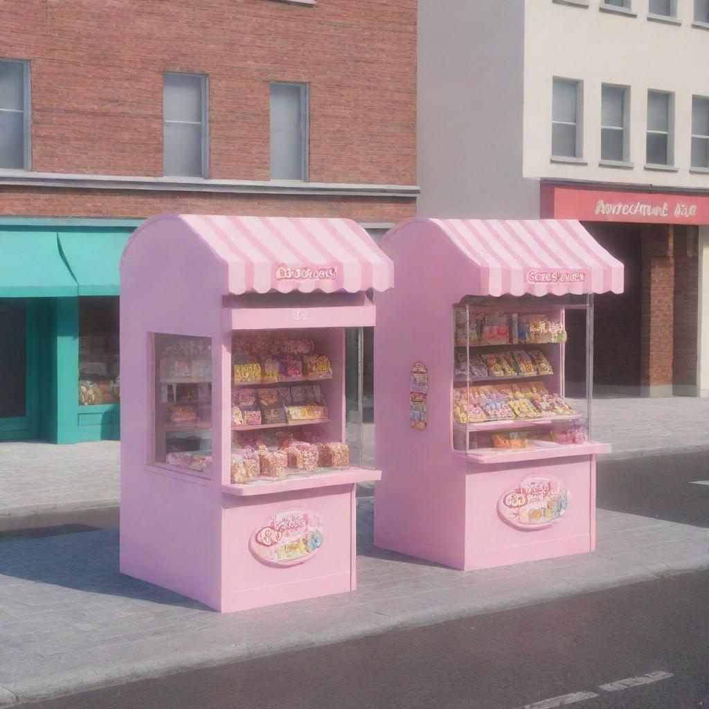 Render a 3D cartoon-style image of two candy store kiosks each staffed by two men and a box, separated by a street.