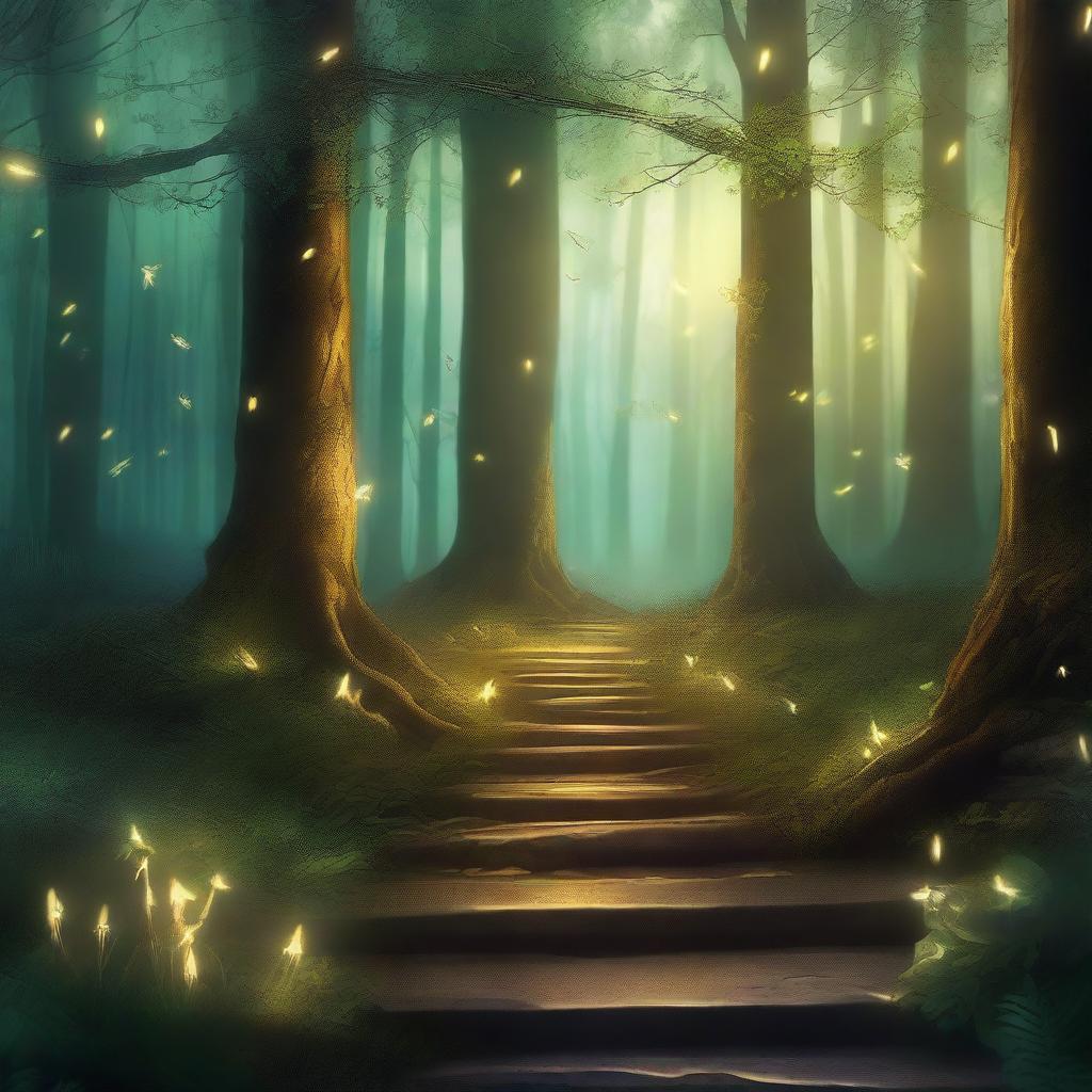 A captivating book cover featuring a mystical forest with glowing fireflies and an ancient stone pathway