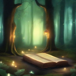 A captivating book cover featuring a mystical forest with glowing fireflies and an ancient stone pathway