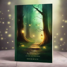 A captivating book cover featuring a mystical forest with glowing fireflies and an ancient stone pathway