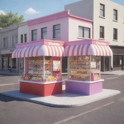 Render a 3D cartoon-style image of two candy store kiosks each staffed by two men and a box, separated by a street.