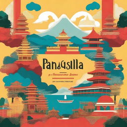 A book cover design for 'Pancasila for Tourism' featuring Indonesian cultural elements, iconic landmarks, and vibrant colors