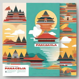 A book cover design for 'Pancasila for Tourism' featuring Indonesian cultural elements, iconic landmarks, and vibrant colors