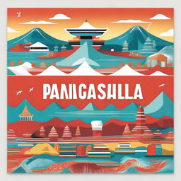 A book cover design for 'Pancasila for Tourism' featuring Indonesian cultural elements, iconic landmarks, and vibrant colors