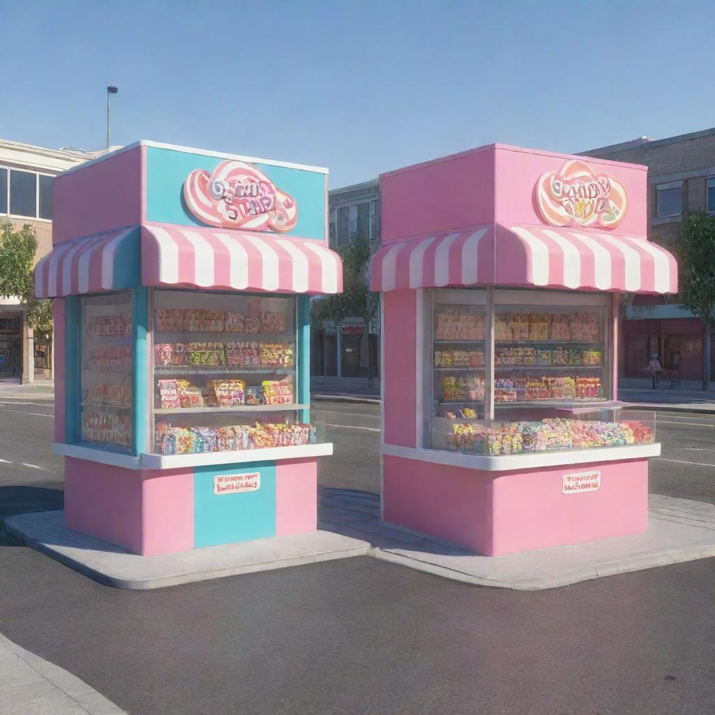 Render a 3D cartoon-style image of two candy store kiosks each staffed by two men and a box, separated by a street.