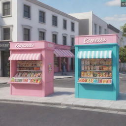 Render a 3D cartoon-style image of two candy store kiosks each staffed by two men and a box, separated by a street.