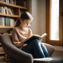 A young girl sitting on a cozy chair by the window, reading a book