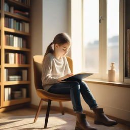 A young girl sitting on a cozy chair by the window, reading a book