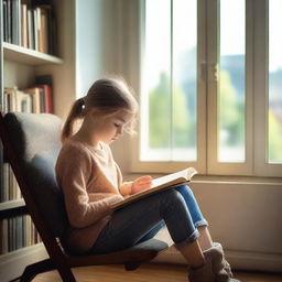 A young girl sitting on a cozy chair by the window, reading a book