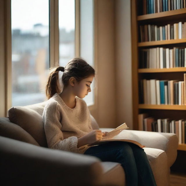 A young girl sitting on a cozy chair by the window, reading a book