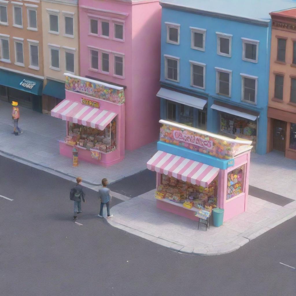 Generate a 3D cartoon-style image featuring two candy store kiosks, each with two men and a box, separated by a street with a truck in the middle.