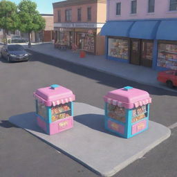 Generate a 3D cartoon-style image featuring two candy store kiosks, each with two men and a box, separated by a street with a truck in the middle.