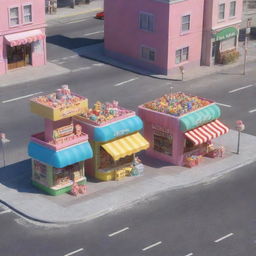 Generate a 3D cartoon-style image featuring two candy store kiosks, each with two men and a box, separated by a street with a truck in the middle.